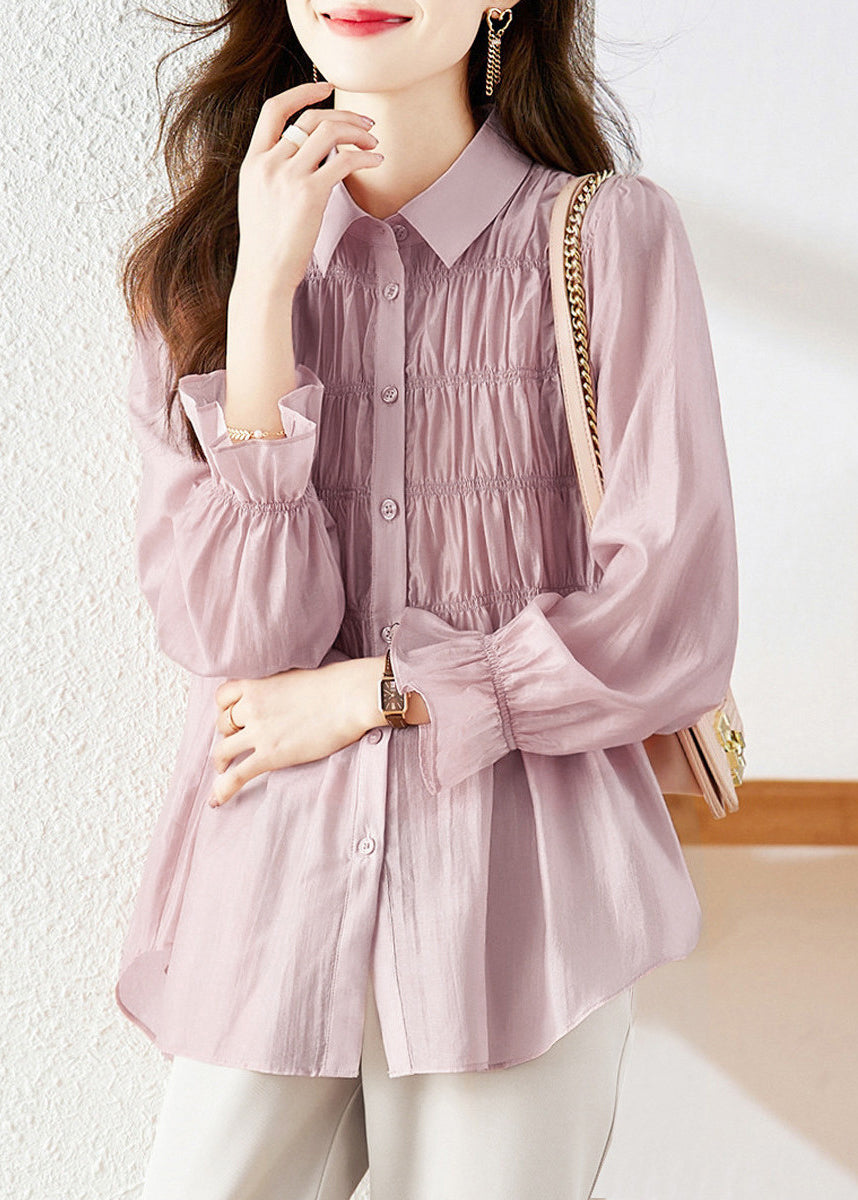 Simple Light Purple Peter Pan Collar Wrinkled Patchwork Button Silk Shirts Long Sleeve WW006
