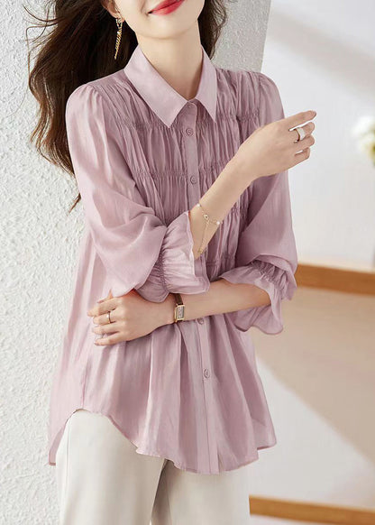 Simple Light Purple Peter Pan Collar Wrinkled Patchwork Button Silk Shirts Long Sleeve WW006