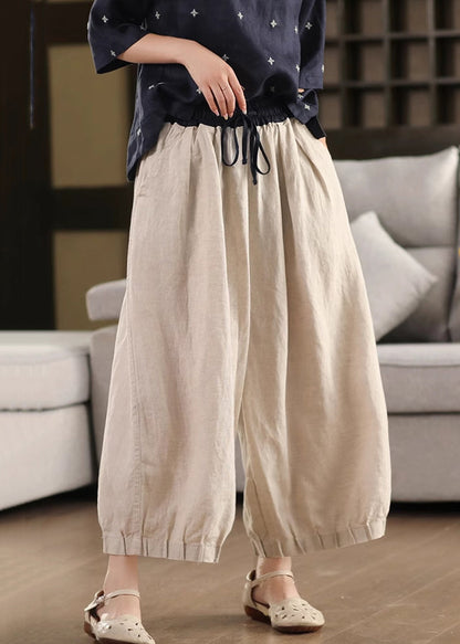 Leg Waist Pockets Simple Pants Summer Elastic Linen Wide