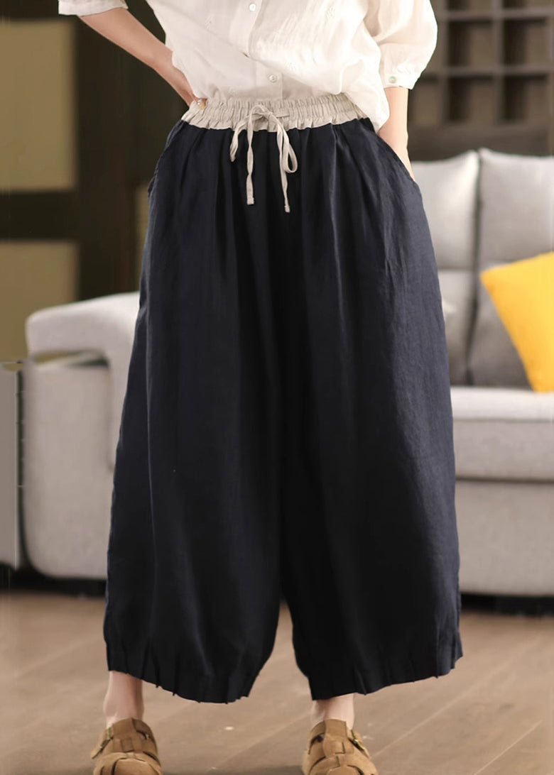 Leg Waist Pockets Simple Pants Summer Elastic Linen Wide