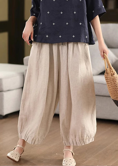 Leg Waist Pockets Simple Pants Summer Elastic Linen Wide