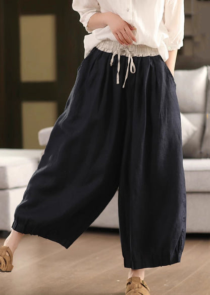 Leg Waist Pockets Simple Pants Summer Elastic Linen Wide