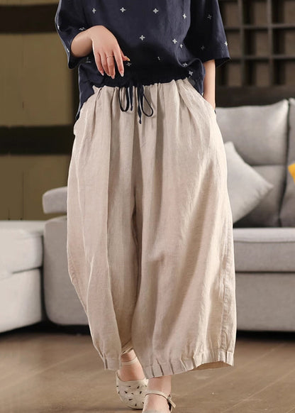 Leg Waist Pockets Simple Pants Summer Elastic Linen Wide