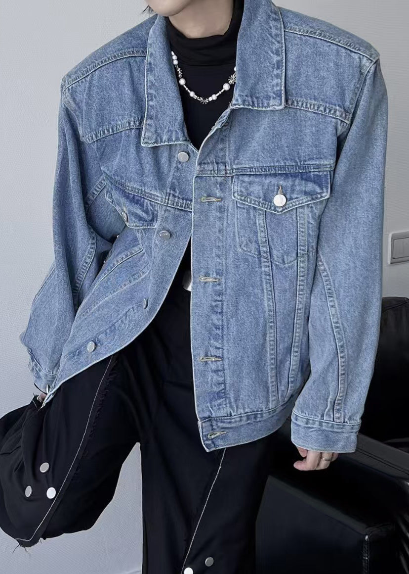 TC038 Mens Denim Peter Coats Collar Spring Button Navy Simple Pan