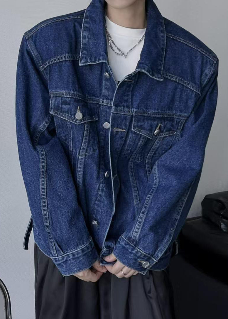 TC038 Mens Denim Peter Coats Collar Spring Button Navy Simple Pan