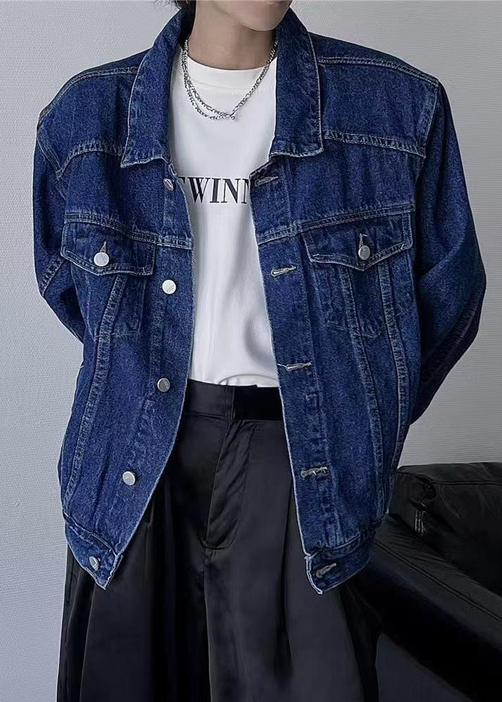 TC038 Mens Denim Peter Coats Collar Spring Button Navy Simple Pan