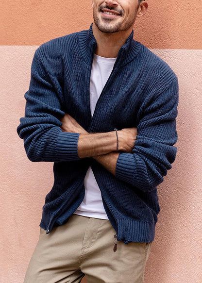 Up Zip Spring Knit Pockets Cardigan Men Navy Simple