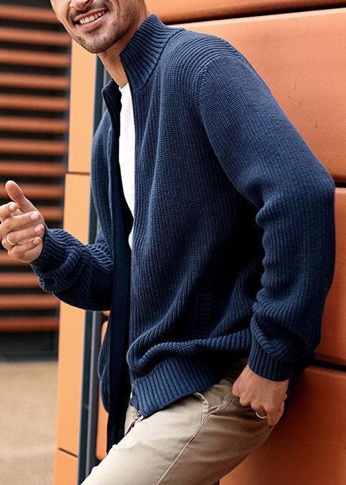 Up Zip Spring Knit Pockets Cardigan Men Navy Simple