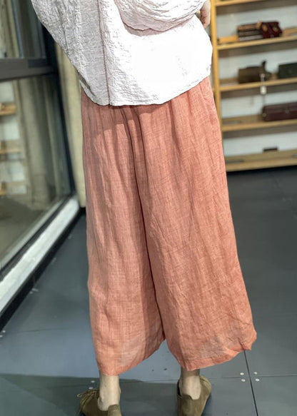 Simple Orange Pockets Elastic Waist Linen Wide Leg Pants Summer KK031