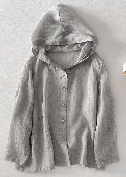 Fall Pockets Pink Simple Button Cotton Hooded Shirt