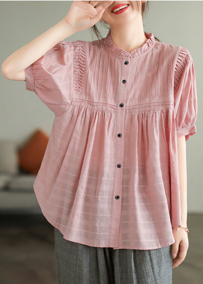 Top Oversized Blouse Simple Pink Summer Wrinkled Cotton