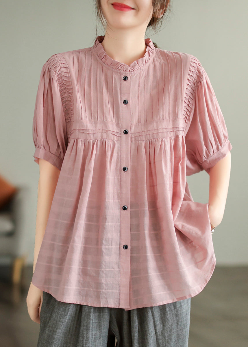 Top Oversized Blouse Simple Pink Summer Wrinkled Cotton