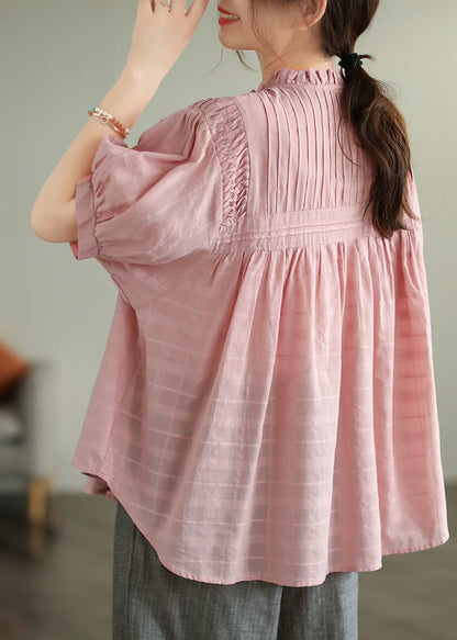 Top Oversized Blouse Simple Pink Summer Wrinkled Cotton