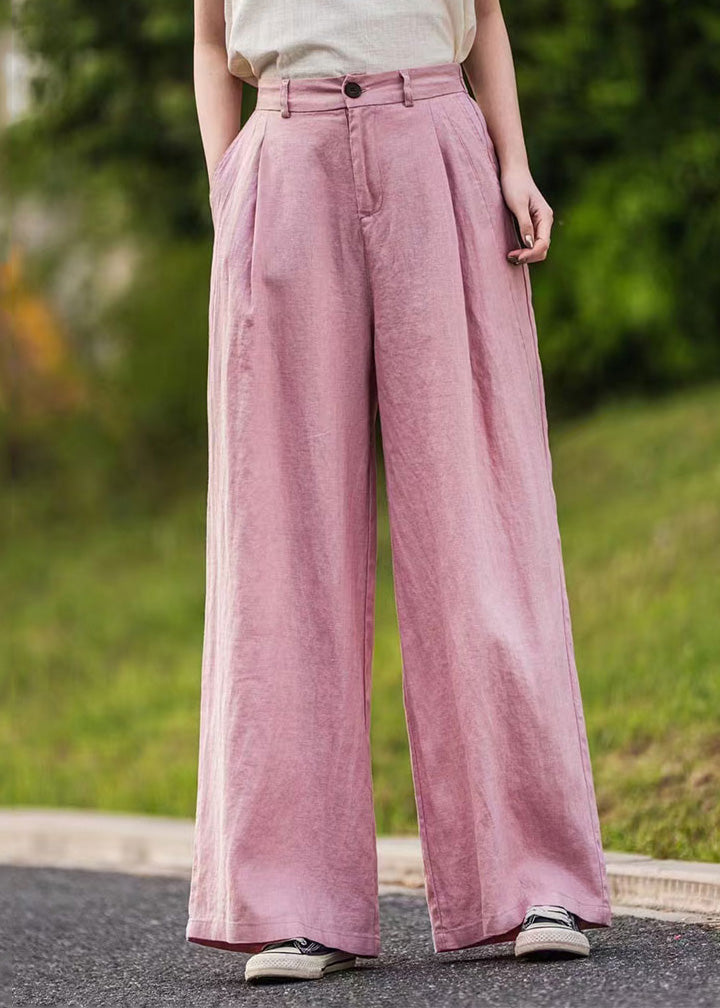 Waist Straight Pink Pants Summer Pockets High Linen Simple