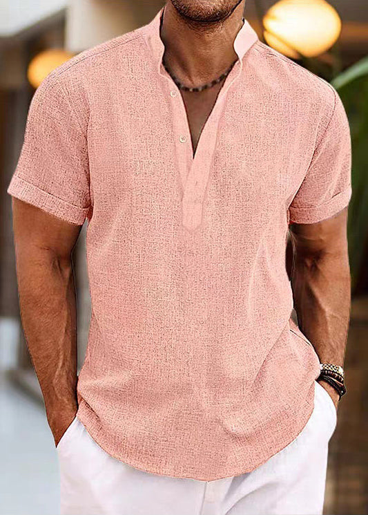 Simple Mens Cotton Shirt Collar Stand Pink Button Summer
