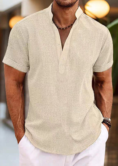 Simple Mens Cotton Shirt Collar Stand Pink Button Summer