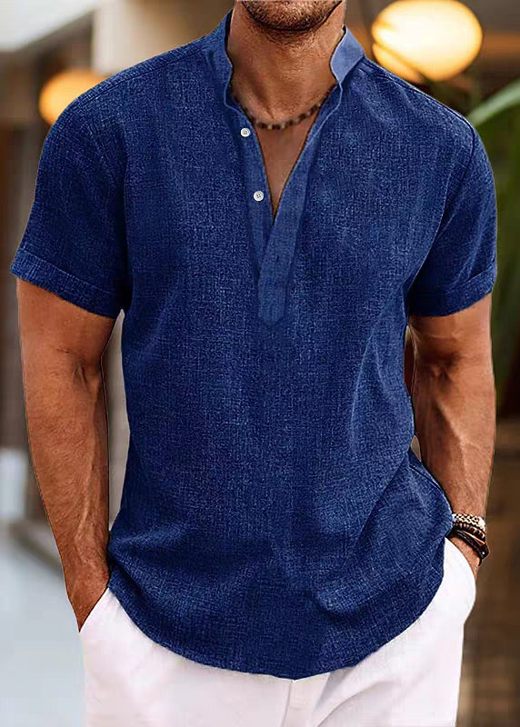 Simple Mens Cotton Shirt Collar Stand Pink Button Summer