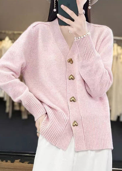 Pink Cozy Neck Coat Spring Button Simple Knit V