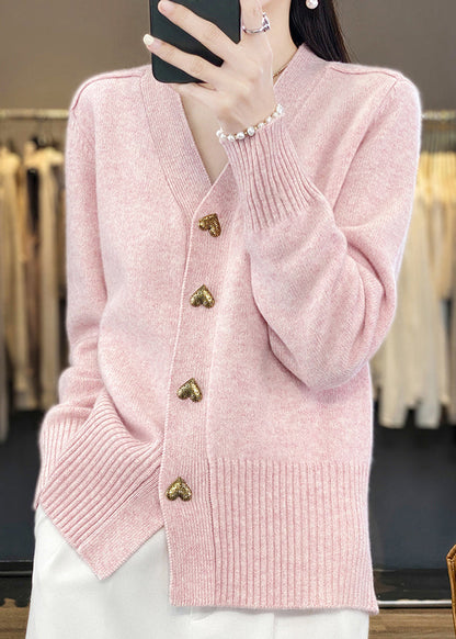 Pink Cozy Neck Coat Spring Button Simple Knit V