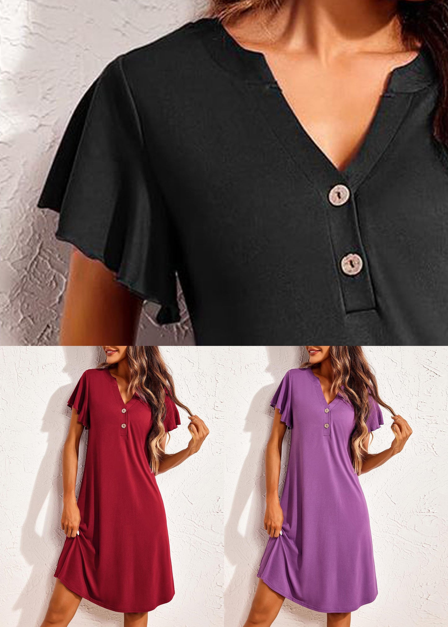 Cotton Purple Button V Summer Dress Pajamas Simple Neck