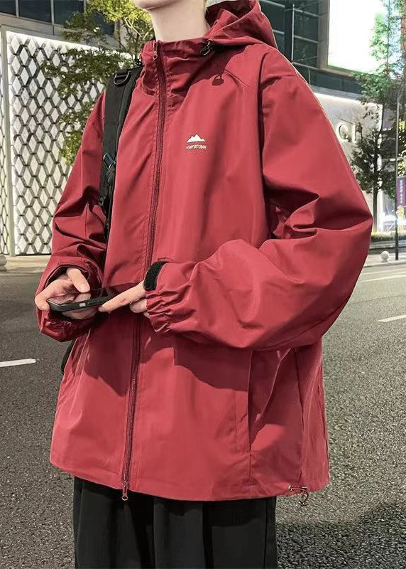 Coats Mens Simple Solid Red Zippered Hooded Cotton Spring