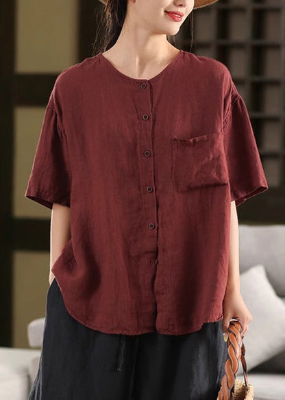 Linen Button Simple Red Pockets Shirt Neck Summer O