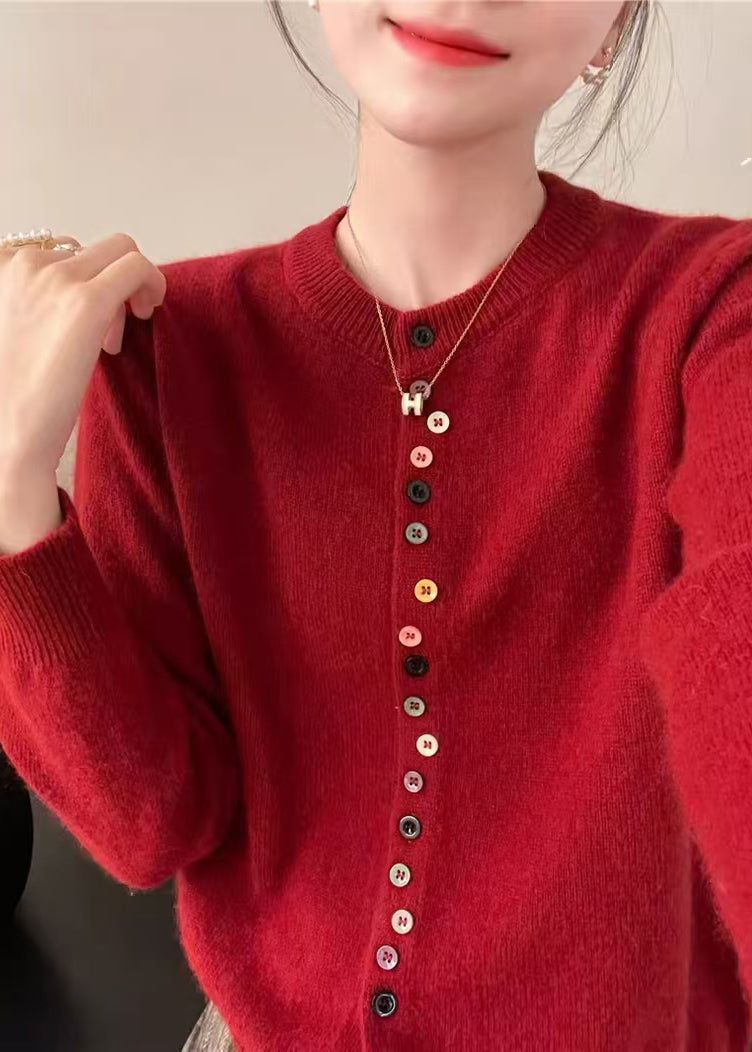 Simple Red O Neck Button Solid Woolen Coats Spring TF025