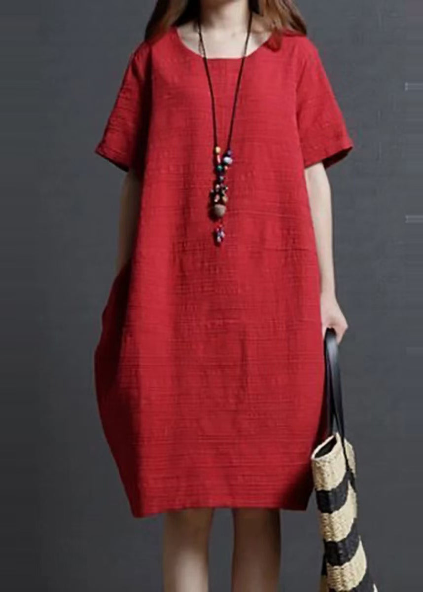 Simple Linen Summer Oversized Mid Red Dress