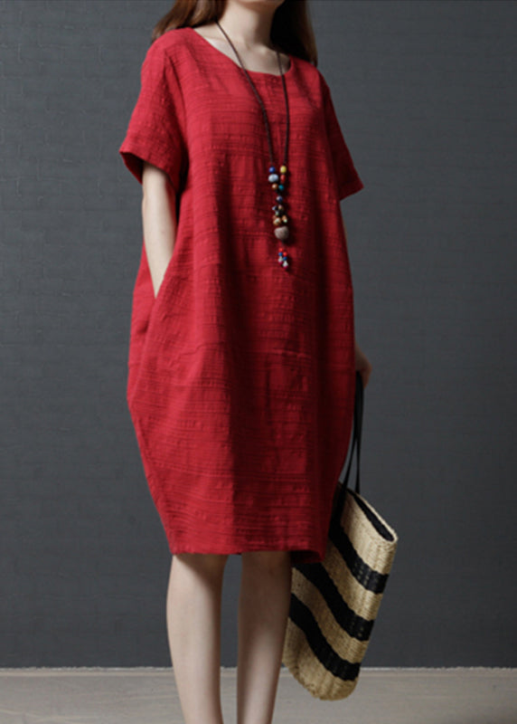 Simple Red Linen Mid Summer Dress Oversized