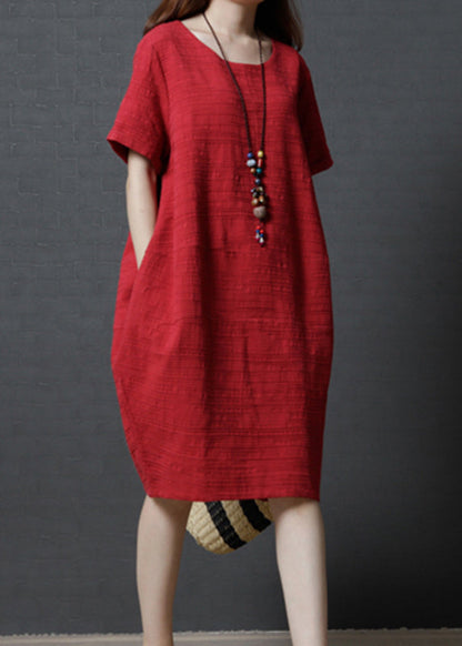 Simple Red Linen Mid Summer Dress Oversized