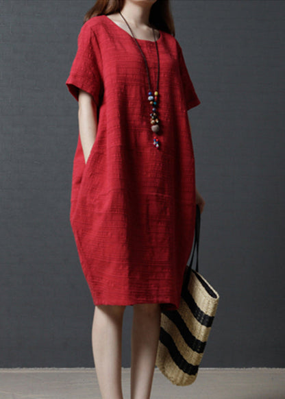 Simple Red Linen Mid Summer Dress Oversized