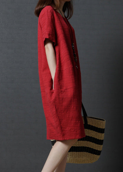Simple Red Linen Mid Summer Dress Oversized