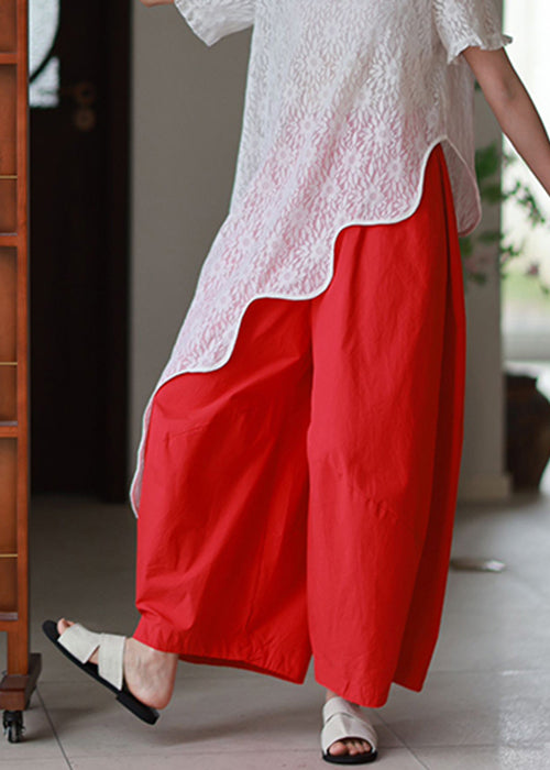 Pants Elastic Red Simple Wide Cotton Leg Waist Pockets Summer