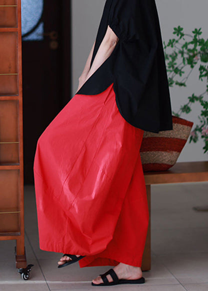 Pants Elastic Red Simple Wide Cotton Leg Waist Pockets Summer