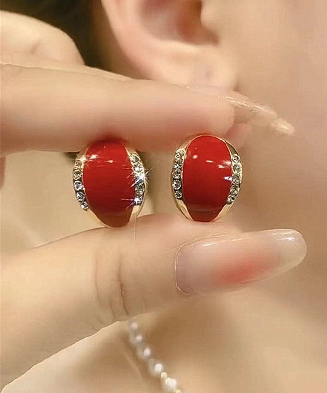Simple Red Sterling Silver Overgild Zircon Jade Stud Earrings YA041