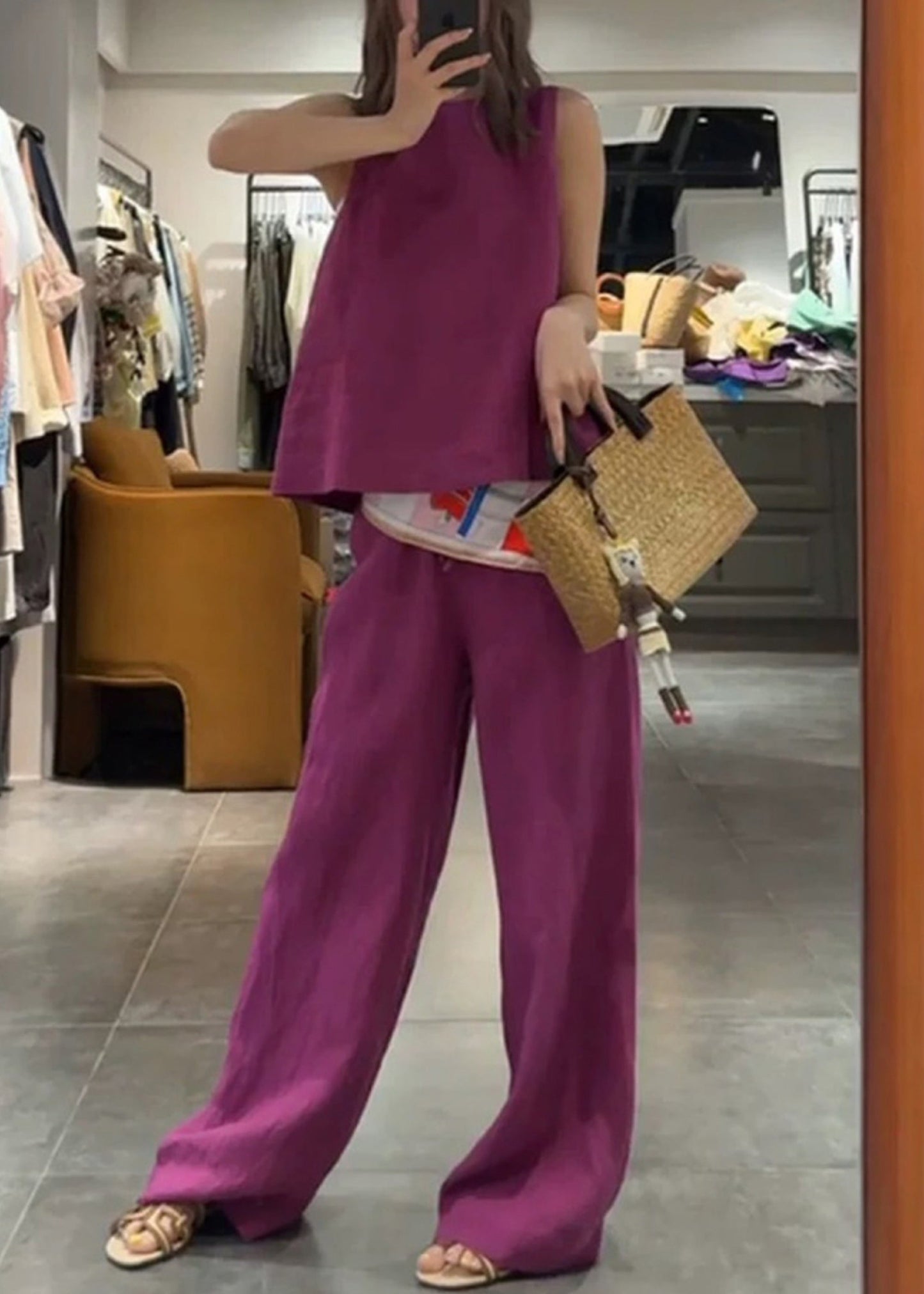 Neck Set Pieces Pants Two Linen Rose O And Simple Tank Solid