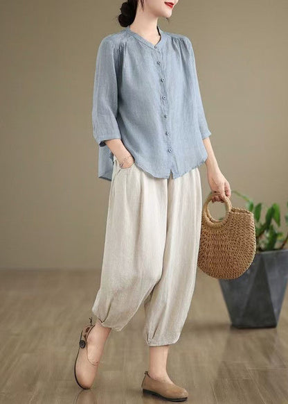 Simple Linen Outfits Blue Oversized Summer Two Sea Set Piece