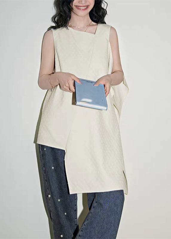 Shirts Patchwork White Simple Asymmetrical Summer