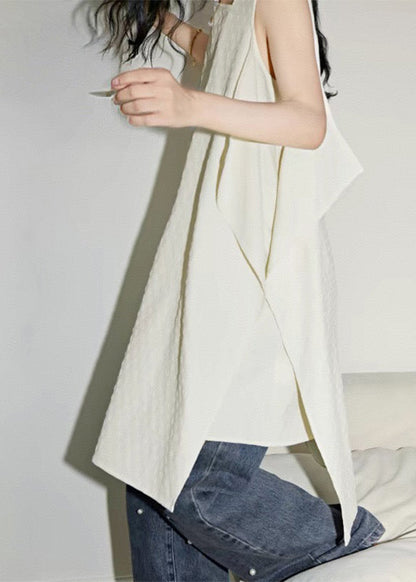 Shirts Patchwork White Simple Asymmetrical Summer