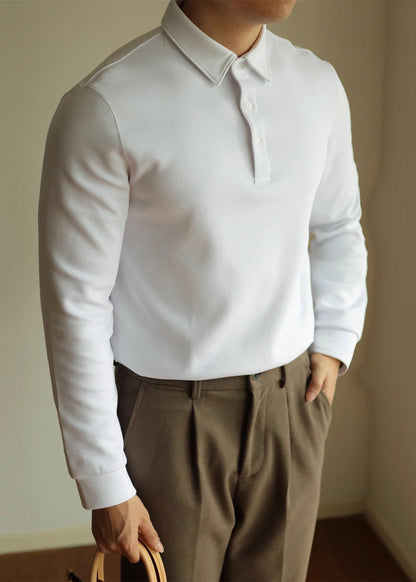 Spring Polo Cotton Shirts Button T TC026 Simple White Solid Men