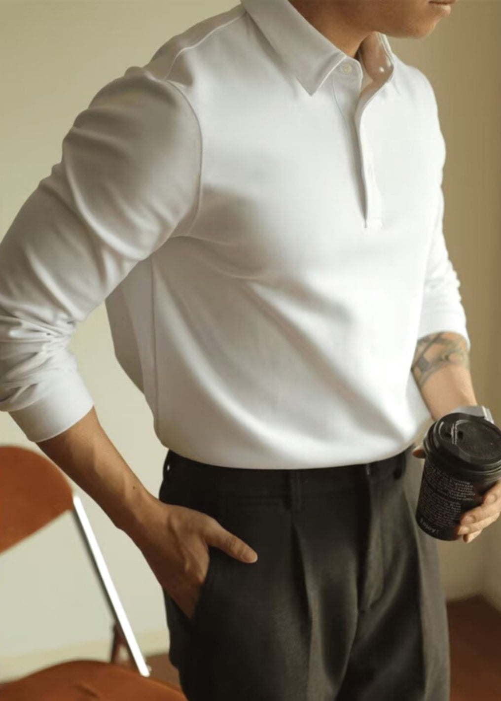 Spring Polo Cotton Shirts Button T TC026 Simple White Solid Men