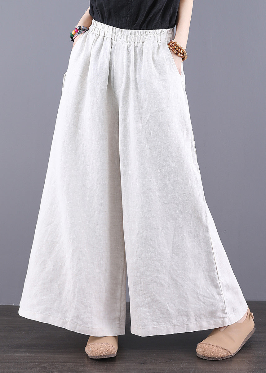 Summer Waist Simple Elastic Straight Trousers Linen Pants White