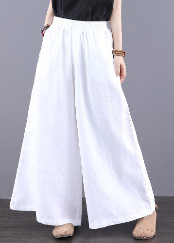 Summer Waist Simple Elastic Straight Trousers Linen Pants White