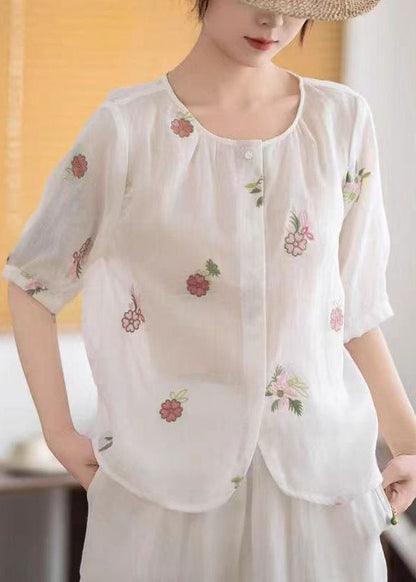 Embroidered White Linen Sleeve Simple Half Shirt