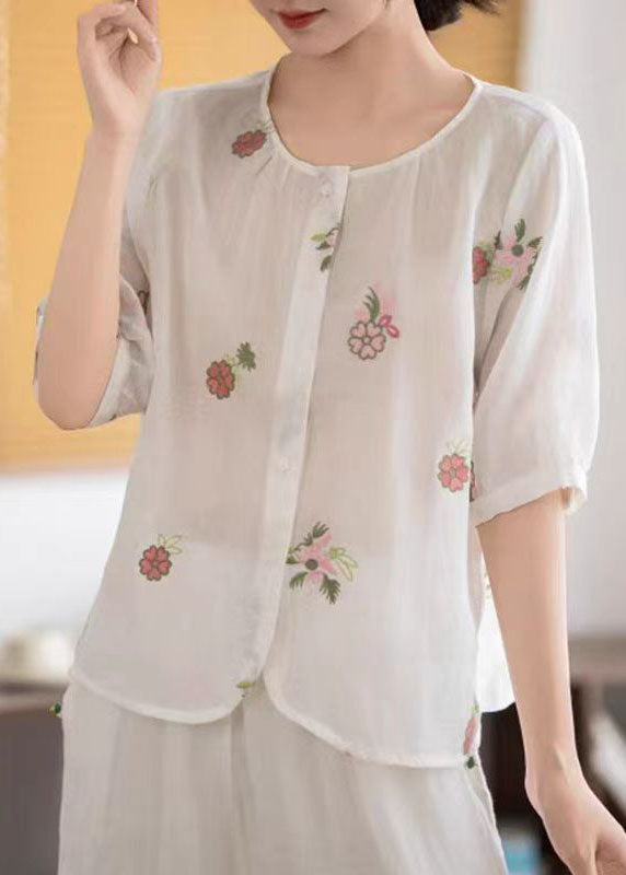 Embroidered White Linen Sleeve Simple Half Shirt