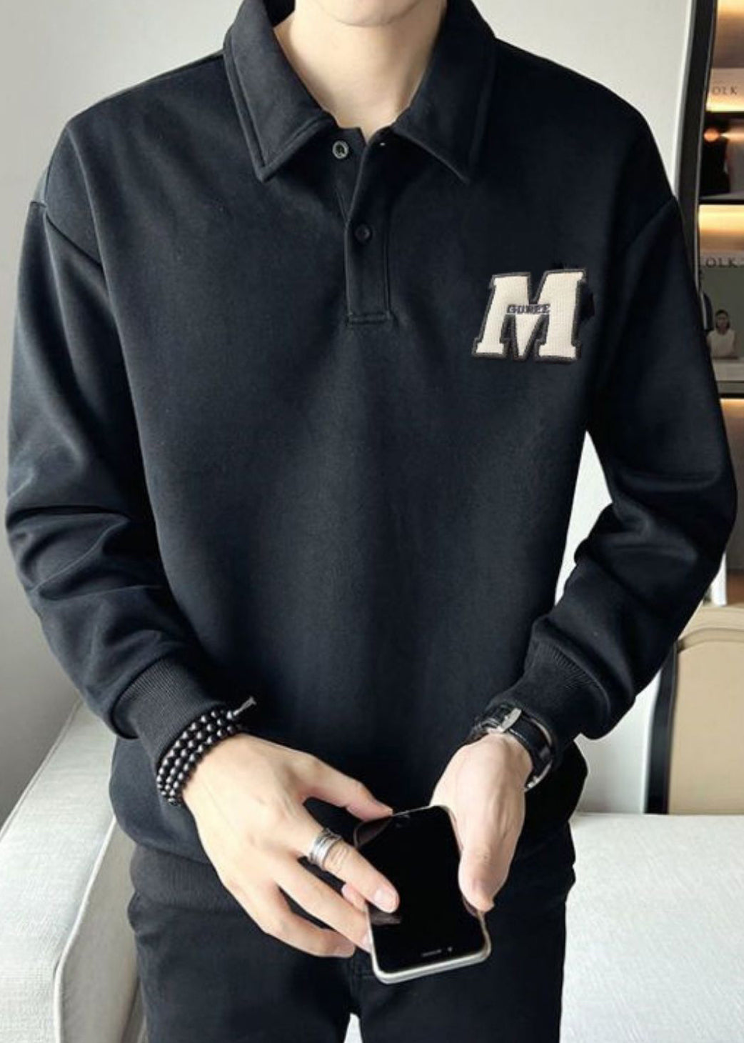 TC022 Men Sweatshirt Warm Spring Button Simple White Embroideried Fleece