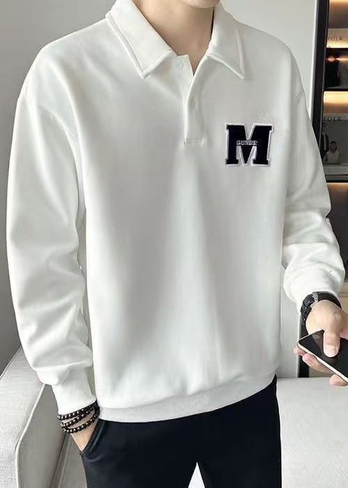 TC022 Men Sweatshirt Warm Spring Button Simple White Embroideried Fleece