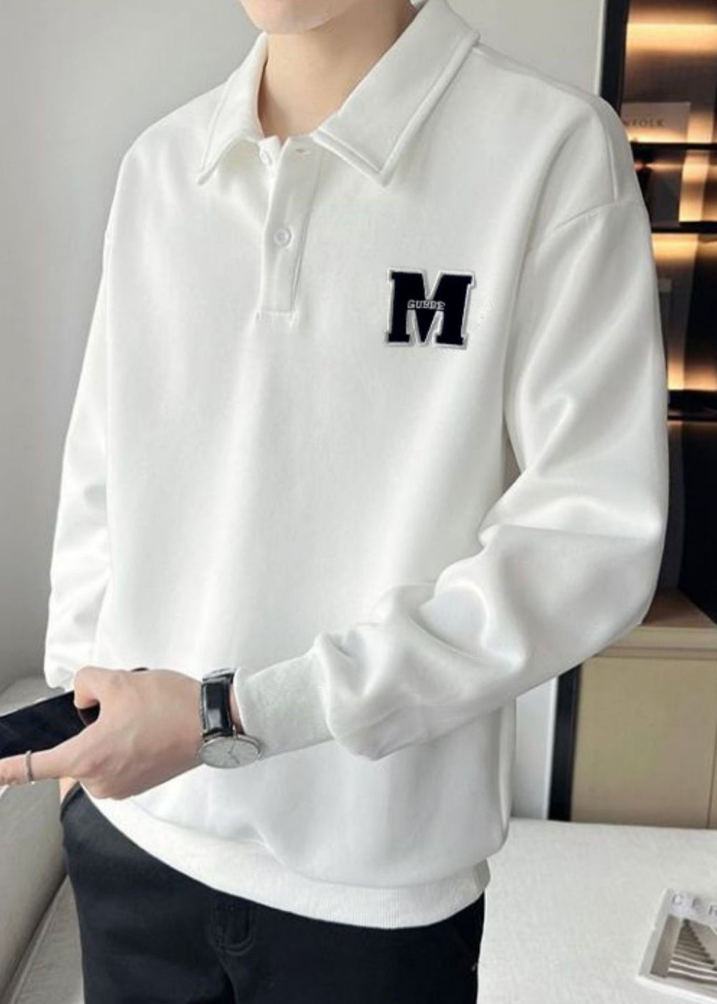 TC022 Men Sweatshirt Warm Spring Button Simple White Embroideried Fleece