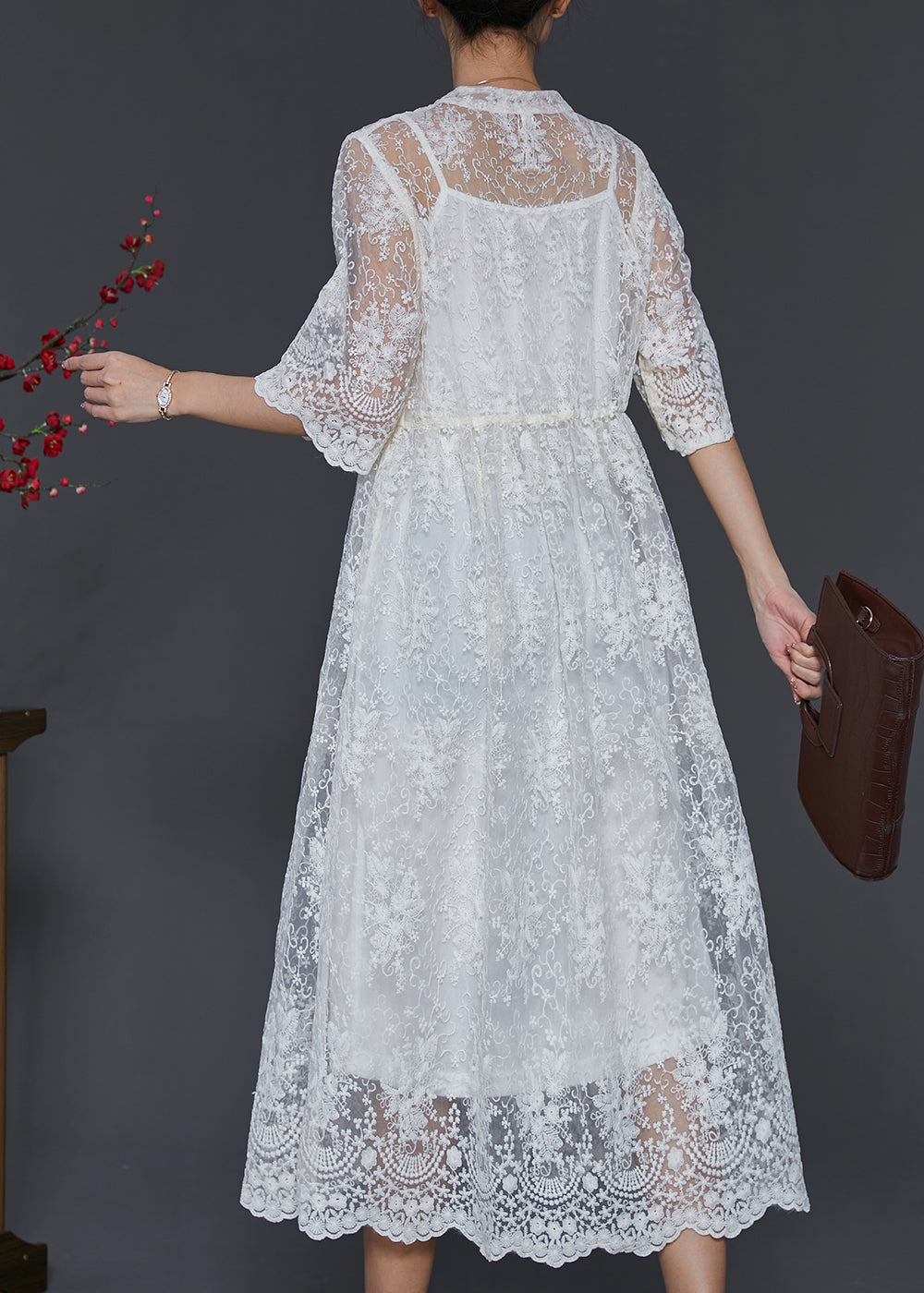 Simple White Hollow Out Lace Two Pieces Set Summer SD1015