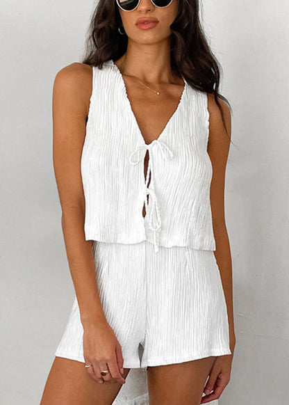 Simple White Lace Up Cotton Tops And Shorts Two Pieces Set Sleeveless BB053